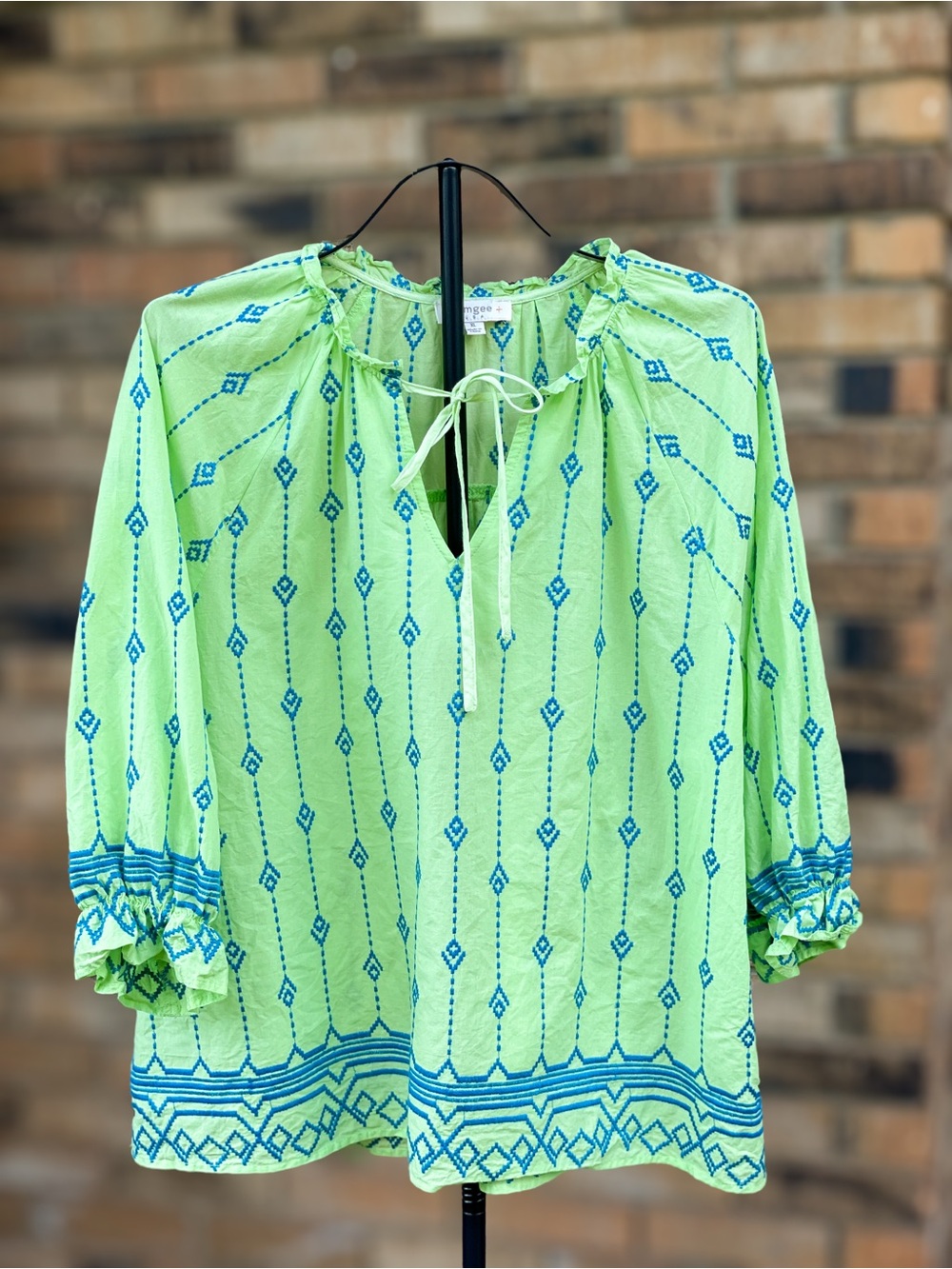 Umgee Green Blue Embroidered Cotton Boho Blouse Top XL